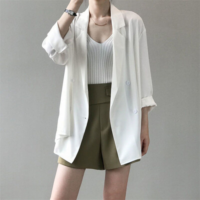 Dámske kórejské módne minimalistické čierne biele elegantné sako, kancelárske dámske obchodné ležérne s dlhým rukávom, voľné saká, ropa de mujer