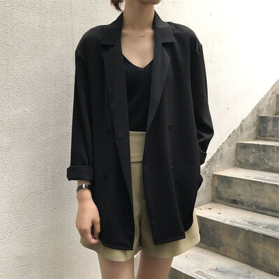 Dámske kórejské módne minimalistické čierne biele elegantné sako, kancelárske dámske obchodné ležérne s dlhým rukávom, voľné saká, ropa de mujer
