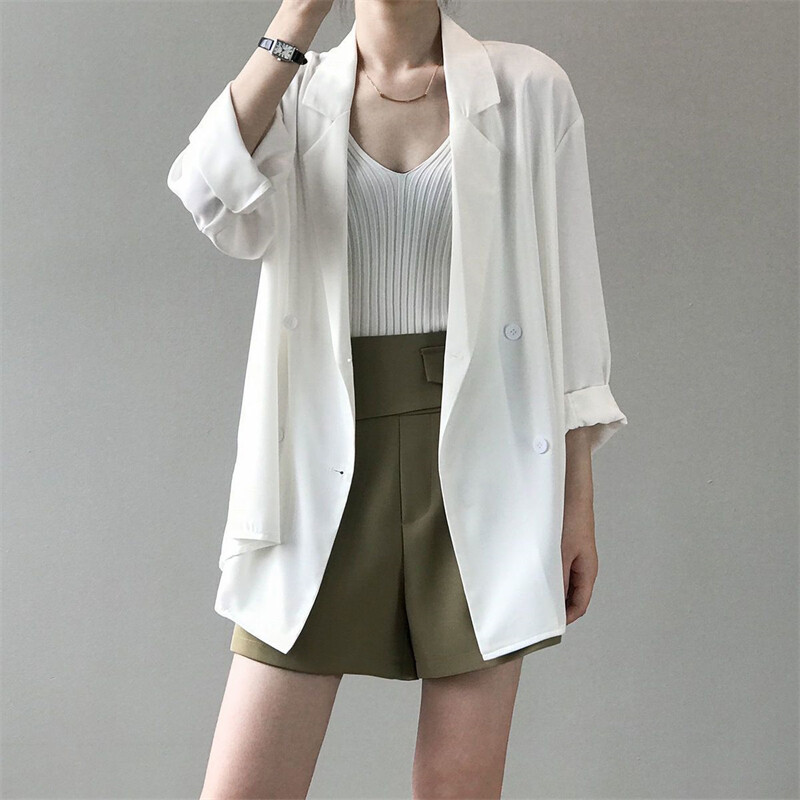 Dámske kórejské módne minimalistické čierne biele elegantné sako, kancelárske dámske obchodné ležérne s dlhým rukávom, voľné saká, ropa de mujer