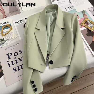 OULYLAN Black Cropped Blazers Woman Trend 2024, jauns, pilnībā atbilstošs robains apkakles apkakle sieviešu korejiešu elegants uzvalks ar vienu pogu Coa