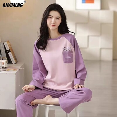 M-5XL nagy méretű őszi tavaszi pizsama szett nőknek Kawaii nyomdai hálóruha lányoknak divatos hosszú ujjú, nyakú női pizsama