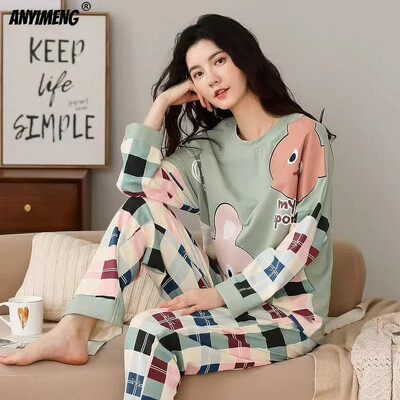 M-5XL Veľká veľkosť Jesenná jarná pyžamová súprava pre ženy Kawaii potlač pyžamo pre dievčatá Módne dámske pyžamo s dlhým rukávom a výstrihom do O