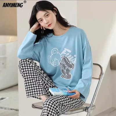 M-5XL Veľká veľkosť Jesenná jarná pyžamová súprava pre ženy Kawaii potlač pyžamo pre dievčatá Módne dámske pyžamo s dlhým rukávom a výstrihom do O