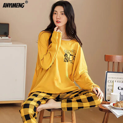 M-5XL Veľká veľkosť Jesenná jarná pyžamová súprava pre ženy Kawaii potlač pyžamo pre dievčatá Módne dámske pyžamo s dlhým rukávom a výstrihom do O