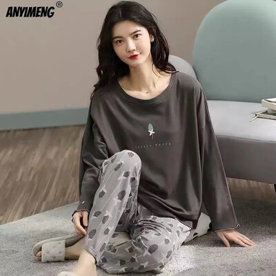 M-5XL Veľká veľkosť Jesenná jarná pyžamová súprava pre ženy Kawaii potlač pyžamo pre dievčatá Módne dámske pyžamo s dlhým rukávom a výstrihom do O