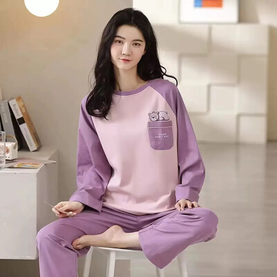 M-5XL Veľká veľkosť Jesenná jarná pyžamová súprava pre ženy Kawaii potlač pyžamo pre dievčatá Módne dámske pyžamo s dlhým rukávom a výstrihom do O