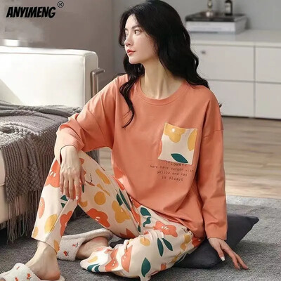 M-5XL Veľká veľkosť Jesenná jarná pyžamová súprava pre ženy Kawaii potlač pyžamo pre dievčatá Módne dámske pyžamo s dlhým rukávom a výstrihom do O