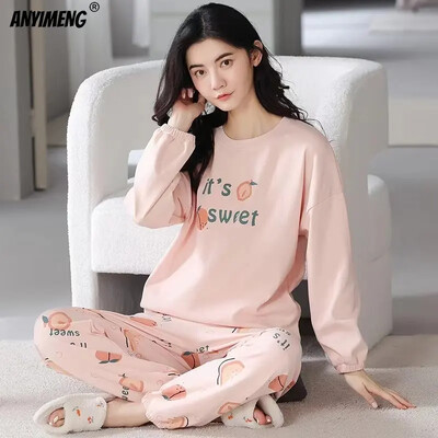 M-5XL Veľká veľkosť Jesenná jarná pyžamová súprava pre ženy Kawaii potlač pyžamo pre dievčatá Módne dámske pyžamo s dlhým rukávom a výstrihom do O