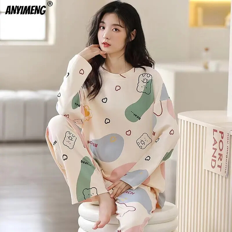 M-5XL Veľká veľkosť Jesenná jarná pyžamová súprava pre ženy Kawaii potlač pyžamo pre dievčatá Módne dámske pyžamo s dlhým rukávom a výstrihom do O