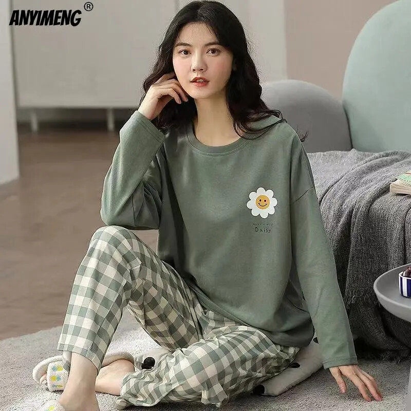 M-5XL Veľká veľkosť Jesenná jarná pyžamová súprava pre ženy Kawaii potlač pyžamo pre dievčatá Módne dámske pyžamo s dlhým rukávom a výstrihom do O