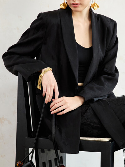 DUSHU Femei Blazer Negru Palton Decolteu Panglică Design 7% In Office Lady 2024 Toamna Drept simplu Blazere cu un singur buton 24DS83264