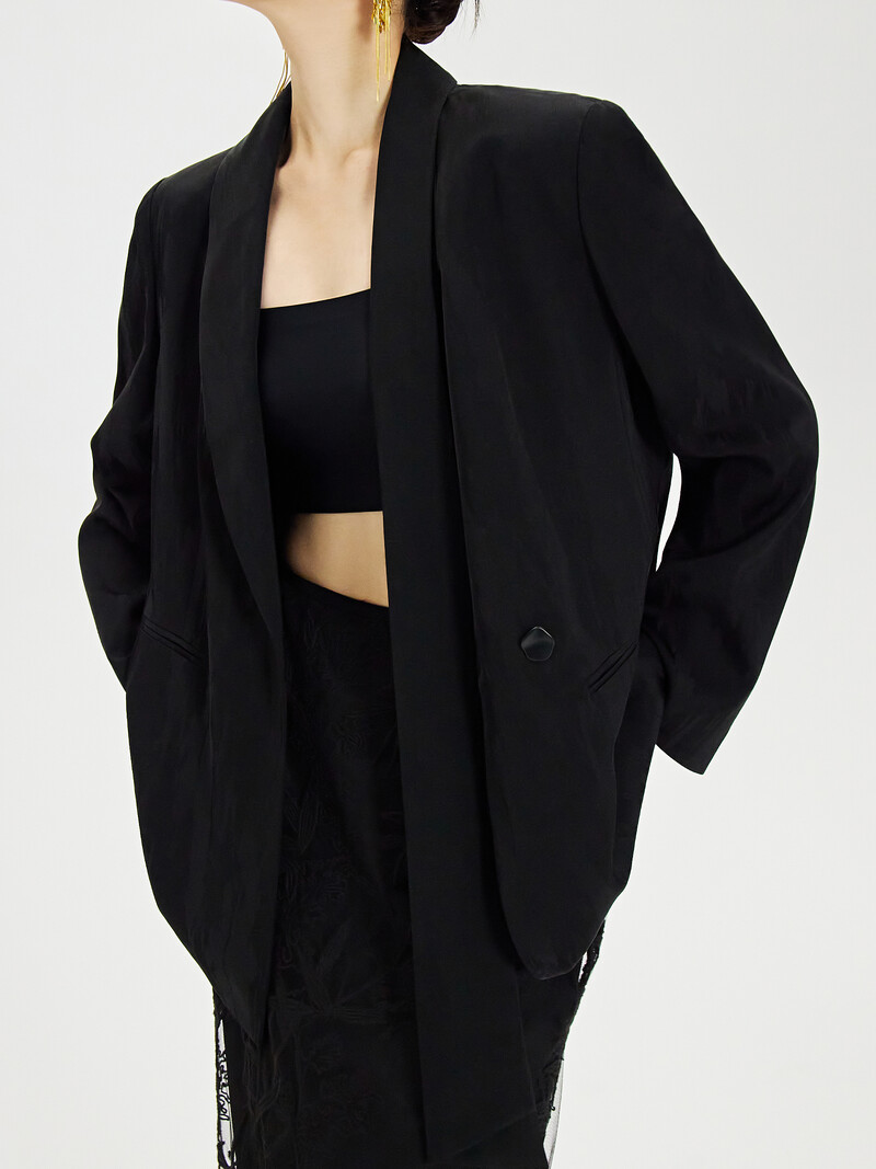 DUSHU Femei Blazer Negru Palton Decolteu Panglică Design 7% In Office Lady 2024 Toamna Drept simplu Blazere cu un singur buton 24DS83264