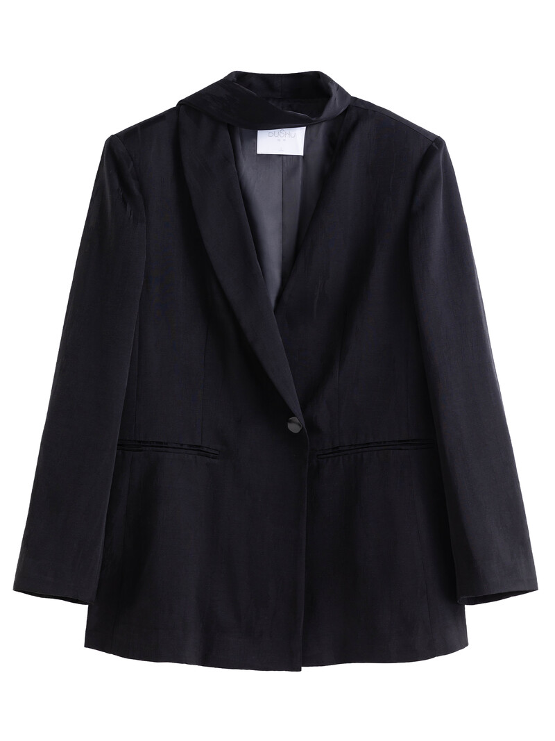 DUSHU Femei Blazer Negru Palton Decolteu Panglică Design 7% In Office Lady 2024 Toamna Drept simplu Blazere cu un singur buton 24DS83264