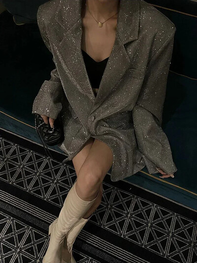 Ženska gornja odjeća sa svjetlucavim reverima Luksuzni modni kaput s dugim rukavima i džepom Elegantni svjetlucavi kaput Gornja odjeća za žensko odijelo