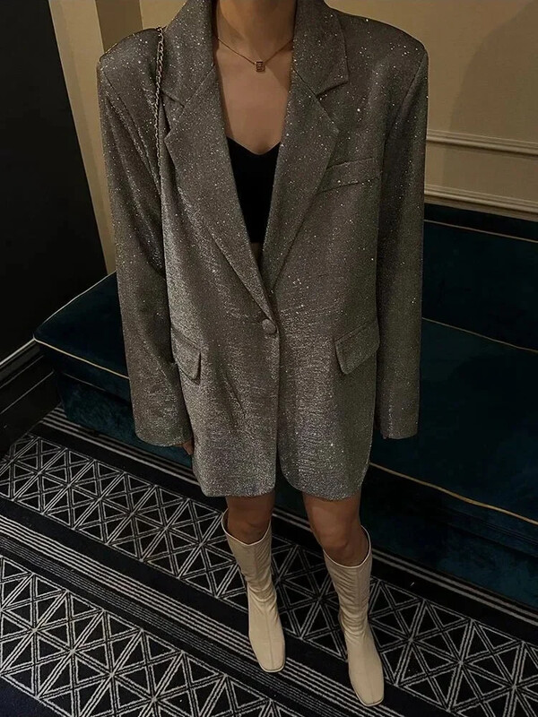 Ženska gornja odjeća sa svjetlucavim reverima Luksuzni modni kaput s dugim rukavima i džepom Elegantni svjetlucavi kaput Gornja odjeća za žensko odijelo