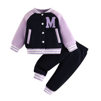 Σετ ρούχων για παιδικό κορίτσι 6 μηνών-3 ετών Ροζ μπουφάν μπέιζμπολ ομοιόμορφο κουμπιά μακρυμάνικο παλτό και παντελόνι για μωρό