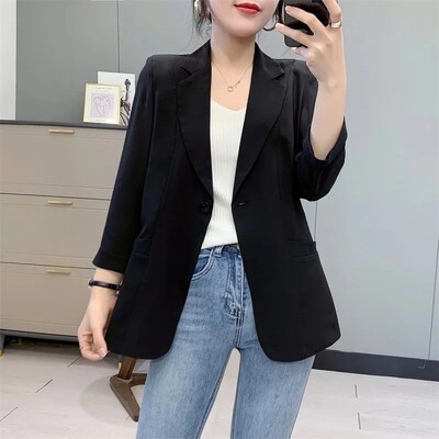 Ružové sako pre ženy, elegantný elegantný oblek s bielym trojštvrťovým rukávom, štýlové sako, jarné letné saká, nové dámske oblečenie