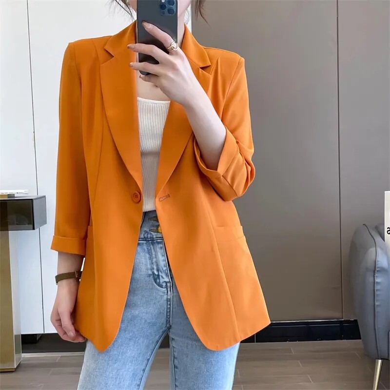Ružové sako pre ženy, elegantný elegantný oblek s bielym trojštvrťovým rukávom, štýlové sako, jarné letné saká, nové dámske oblečenie