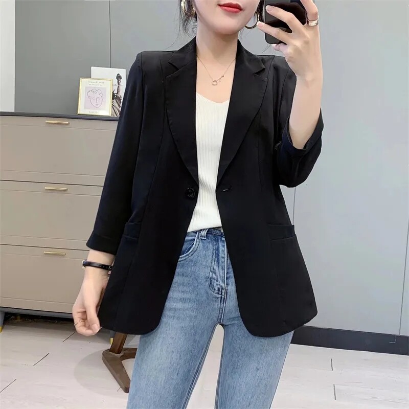 Ružové sako pre ženy, elegantný elegantný oblek s bielym trojštvrťovým rukávom, štýlové sako, jarné letné saká, nové dámske oblečenie