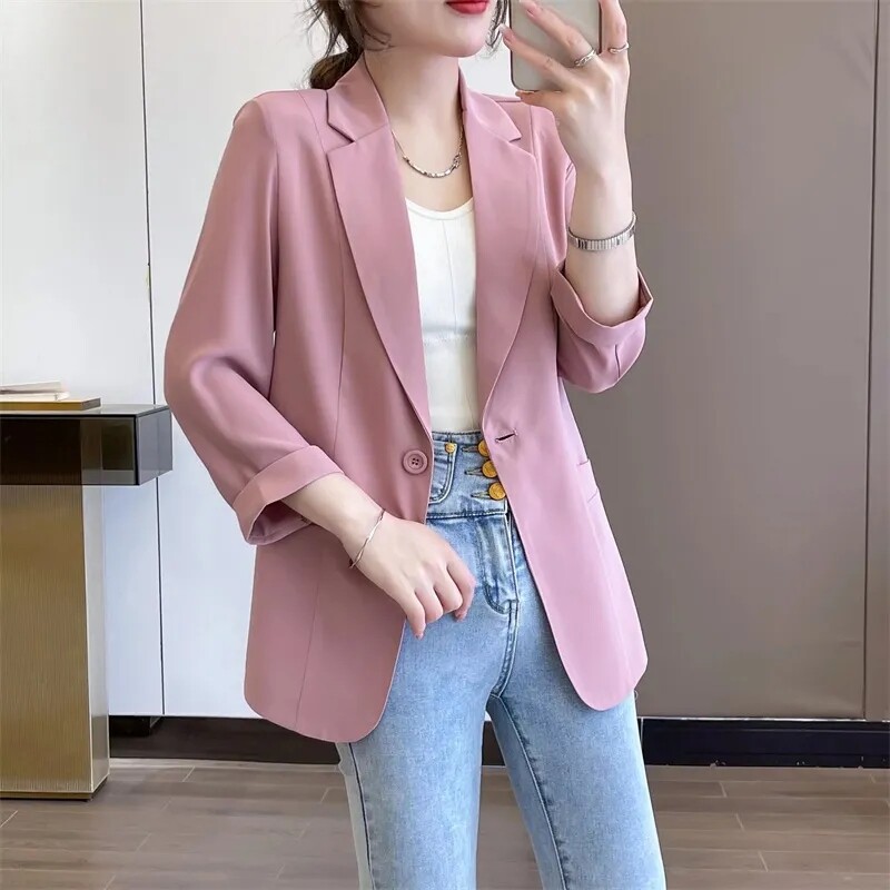 Ružové sako pre ženy, elegantný elegantný oblek s bielym trojštvrťovým rukávom, štýlové sako, jarné letné saká, nové dámske oblečenie