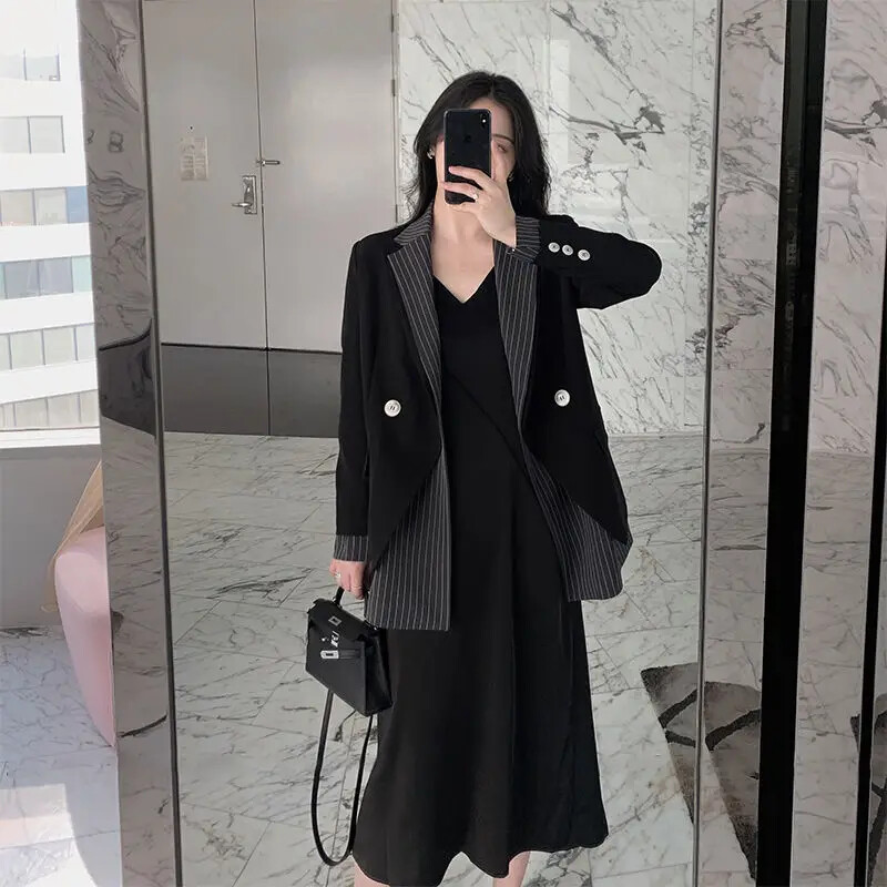 Dámske patchworkové sako s pruhovaným oblekom, kancelárske ženy, kórejská móda, slim fit, lacné, veľkoobchodné, luxusné, dvojradové, s gombíkovým zapínaním