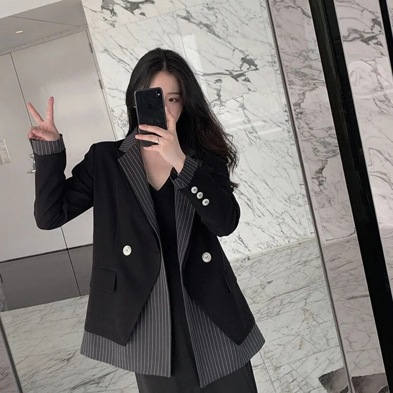 Dámske patchworkové sako s pruhovaným oblekom, kancelárske ženy, kórejská móda, slim fit, lacné, veľkoobchodné, luxusné, dvojradové, s gombíkovým zapínaním