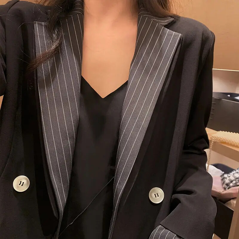Dámske patchworkové sako s pruhovaným oblekom, kancelárske ženy, kórejská móda, slim fit, lacné, veľkoobchodné, luxusné, dvojradové, s gombíkovým zapínaním