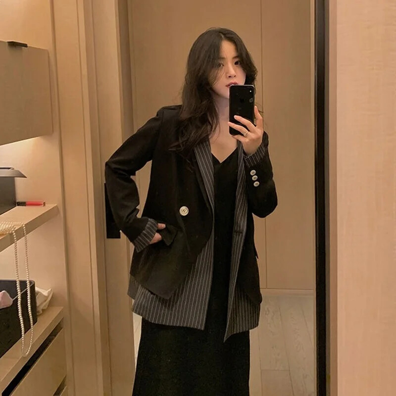 Dámske patchworkové sako s pruhovaným oblekom, kancelárske ženy, kórejská móda, slim fit, lacné, veľkoobchodné, luxusné, dvojradové, s gombíkovým zapínaním