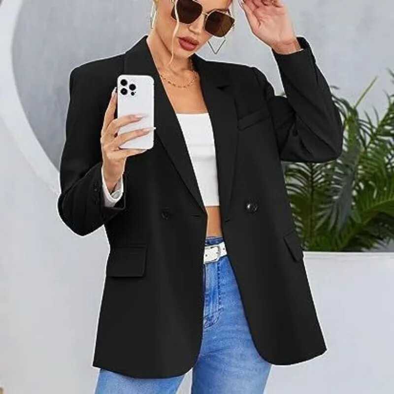 Női őszi blézer egyszínű hajtóka egygombos kardigán, meleg formális V nyakú molett irodai női öltöny kabátok S-5XL