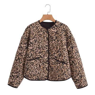 Jesenné novinky 2024 Dámska voľná prešívaná bunda s dlhým rukávom a okrúhlym výstrihom, leopardím vzorom a zvieracou potlačou