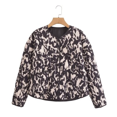 Jesenné novinky 2024 Dámska voľná prešívaná bunda s dlhým rukávom a okrúhlym výstrihom, leopardím vzorom a zvieracou potlačou