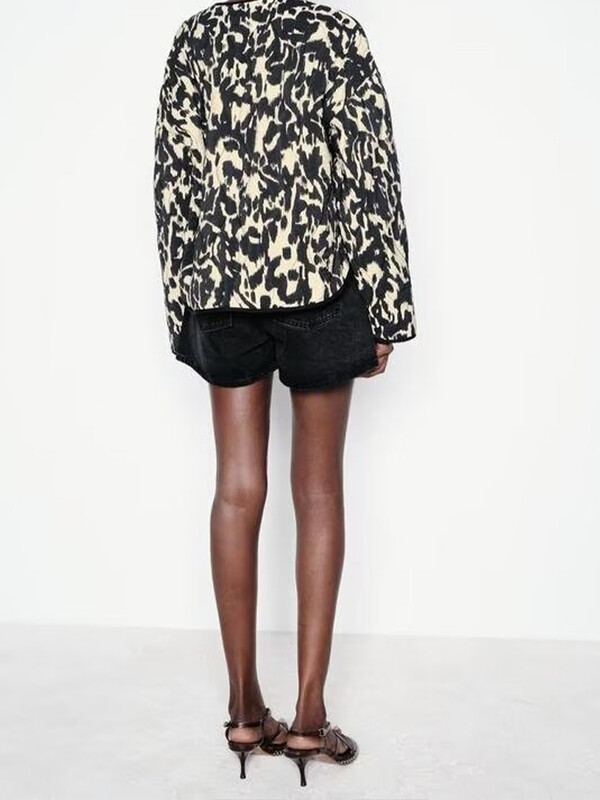 Jesenné novinky 2024 Dámska voľná prešívaná bunda s dlhým rukávom a okrúhlym výstrihom, leopardím vzorom a zvieracou potlačou