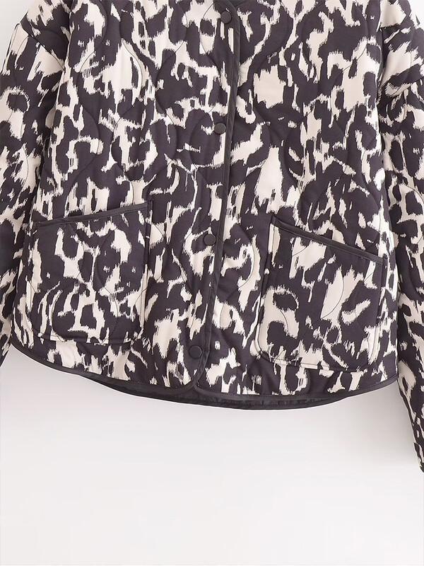 Jesenné novinky 2024 Dámska voľná prešívaná bunda s dlhým rukávom a okrúhlym výstrihom, leopardím vzorom a zvieracou potlačou