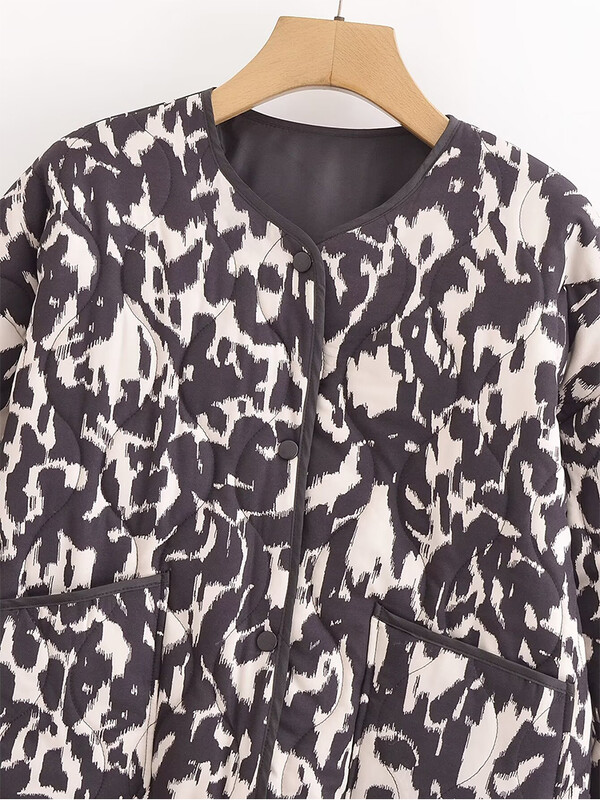 Jesenné novinky 2024 Dámska voľná prešívaná bunda s dlhým rukávom a okrúhlym výstrihom, leopardím vzorom a zvieracou potlačou