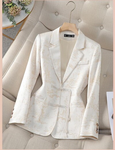 Őszi Téli Vintage kínai stílusú bézs nyomtatás Elegáns Fesztivál blézerek Női Hosszú ujjú Egysoros kabát Népszerű