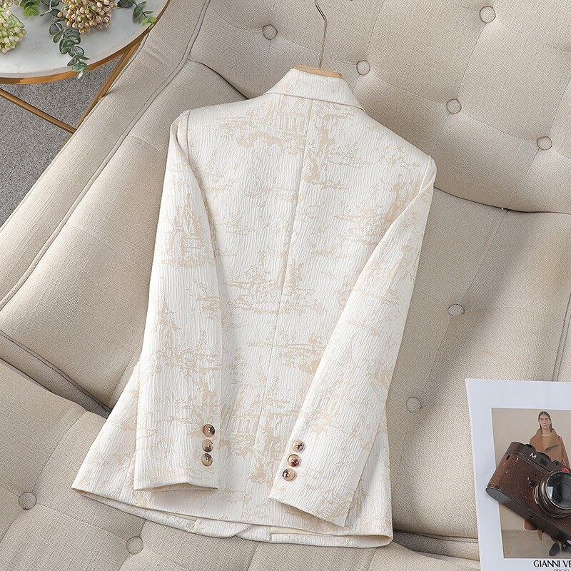 Őszi Téli Vintage kínai stílusú bézs nyomtatás Elegáns Fesztivál blézerek Női Hosszú ujjú Egysoros kabát Népszerű