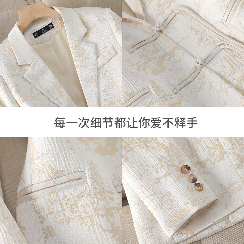 Őszi Téli Vintage kínai stílusú bézs nyomtatás Elegáns Fesztivál blézerek Női Hosszú ujjú Egysoros kabát Népszerű