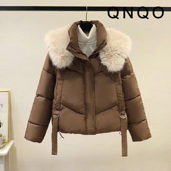 QNQO Parkas για γούνινο γιακά Φαρδύ casual παλτό Φθινόπωρο Χειμώνας 2024 Νέο Μόδα με φερμουάρ με κουμπιά Κομψά γυναικεία εξωτερικά ενδύματα