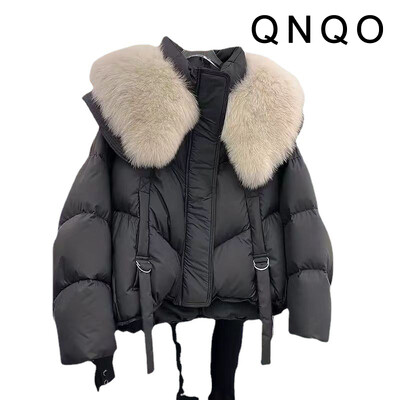 QNQO parkai moterims kailinė apykaklė Laisvas laisvalaikio paltas Ruduo, žiema 2024 m. Naujas užtrauktuku dengtas mygtukas, madingi elegantiški viršutiniai moteriški drabužiai