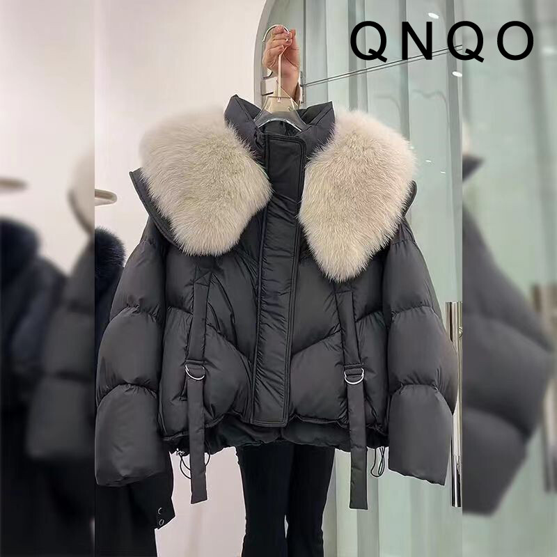 QNQO Parky pre ženy, kožušinový golier, voľný ležérny kabát, jeseň/zima 2024, nový zips potiahnutý gombíkmi, módne elegantné dámske vrchné oblečenie