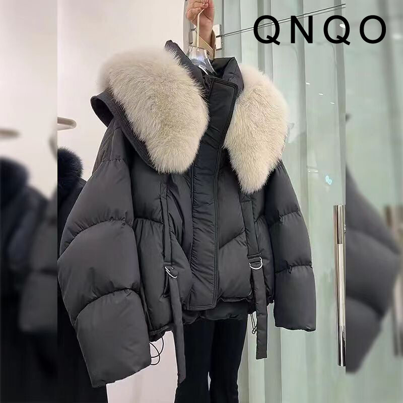 QNQO Parky pre ženy, kožušinový golier, voľný ležérny kabát, jeseň/zima 2024, nový zips potiahnutý gombíkmi, módne elegantné dámske vrchné oblečenie