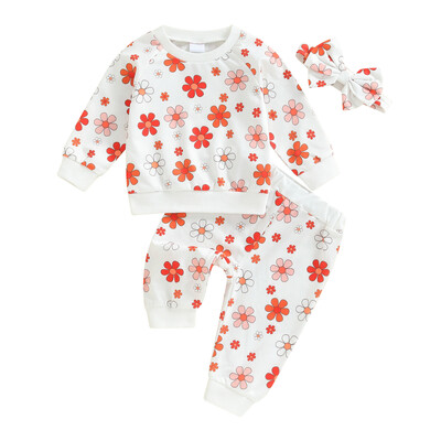 Rudens žiema mergaičių drabužių kostiumas mielas braškių gėlių rašto mažylio apranga ilgomis rankovėmis megztiniai kelnės su kišeniniu komplektu