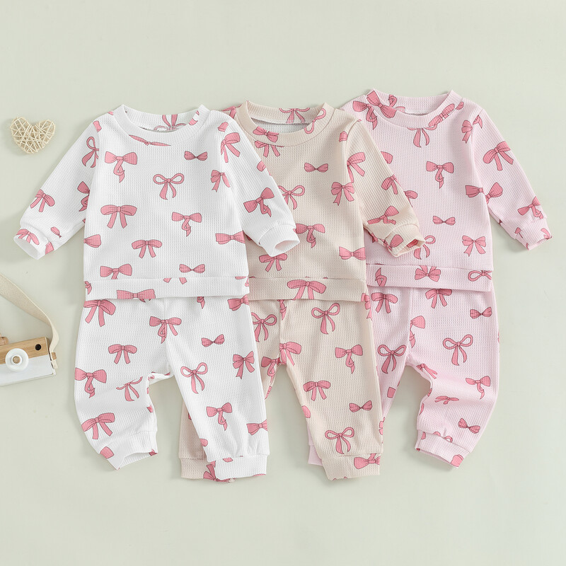 0-3 éves tél ősz babaruházat lányoknak öltöny gyerekeknek 2 részes ruhák masnimintás hosszú ujjú pulóver nadrággal Kisgyermek ruhák