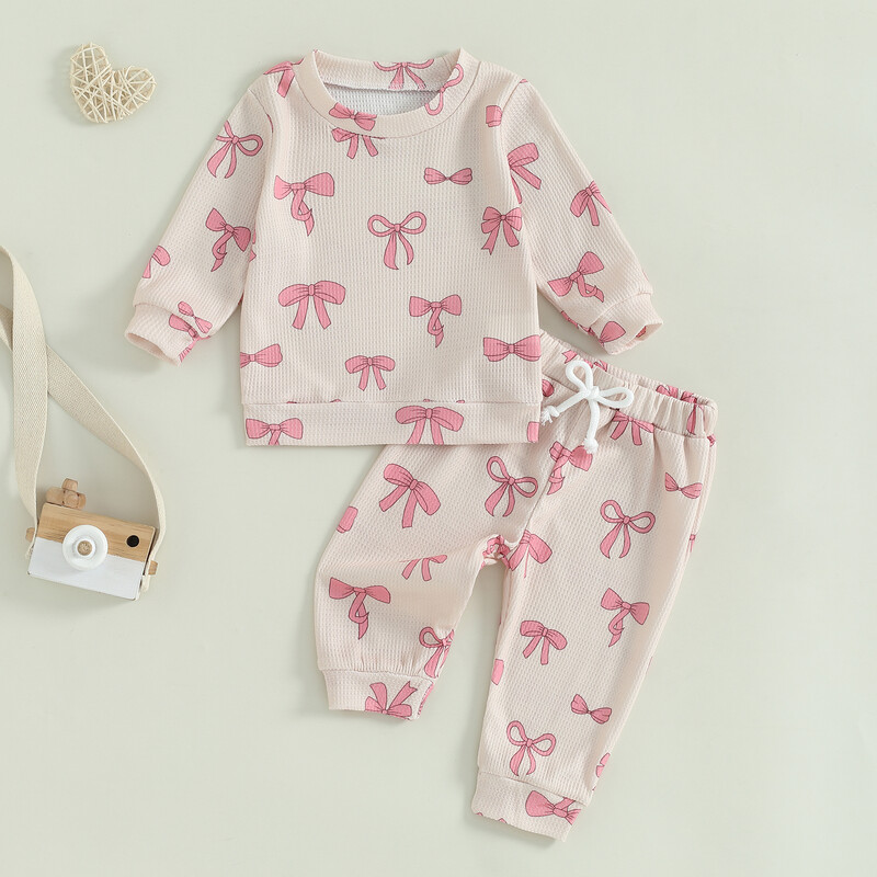 0-3 éves tél ősz babaruházat lányoknak öltöny gyerekeknek 2 részes ruhák masnimintás hosszú ujjú pulóver nadrággal Kisgyermek ruhák