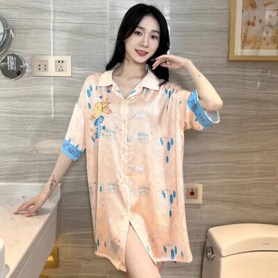 Stain Nightdress για Γυναικεία Κοντομάνικα Ανοιξιάτικα καλοκαιρινά νυχτικά & Sleepshirts Γυναικεία Sleepwear Πουκάμισο Κουμπιά Πουκάμισο