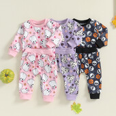 Pudcoco kūdikių naujagimių mergaičių Helovino apranga ilgomis rankovėmis moliūgų / kaukolės rašto viršūnės + kelnaičių rinkinys, rūbai vaikams 0-3T