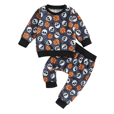 Pudcoco kūdikių naujagimių mergaičių Helovino apranga ilgomis rankovėmis moliūgų / kaukolės rašto viršūnės + kelnaičių rinkinys, rūbai vaikams 0-3T