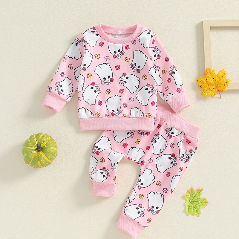 Pudcoco kūdikių naujagimių mergaičių Helovino apranga ilgomis rankovėmis moliūgų / kaukolės rašto viršūnės + kelnaičių rinkinys, rūbai vaikams 0-3T