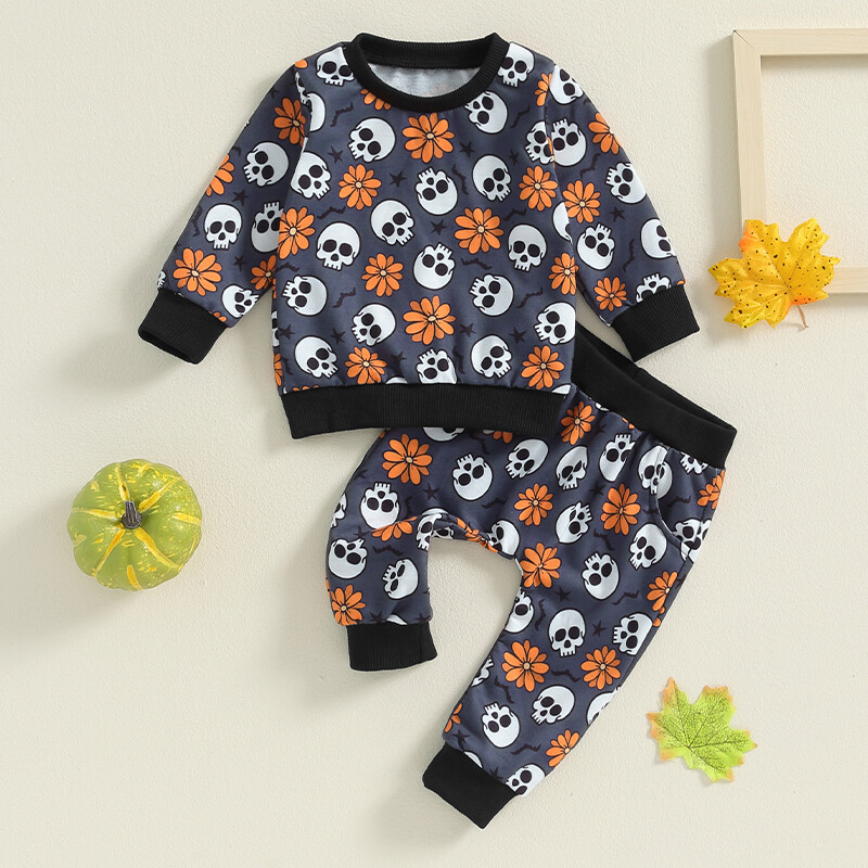 Pudcoco kūdikių naujagimių mergaičių Helovino apranga ilgomis rankovėmis moliūgų / kaukolės rašto viršūnės + kelnaičių rinkinys, rūbai vaikams 0-3T