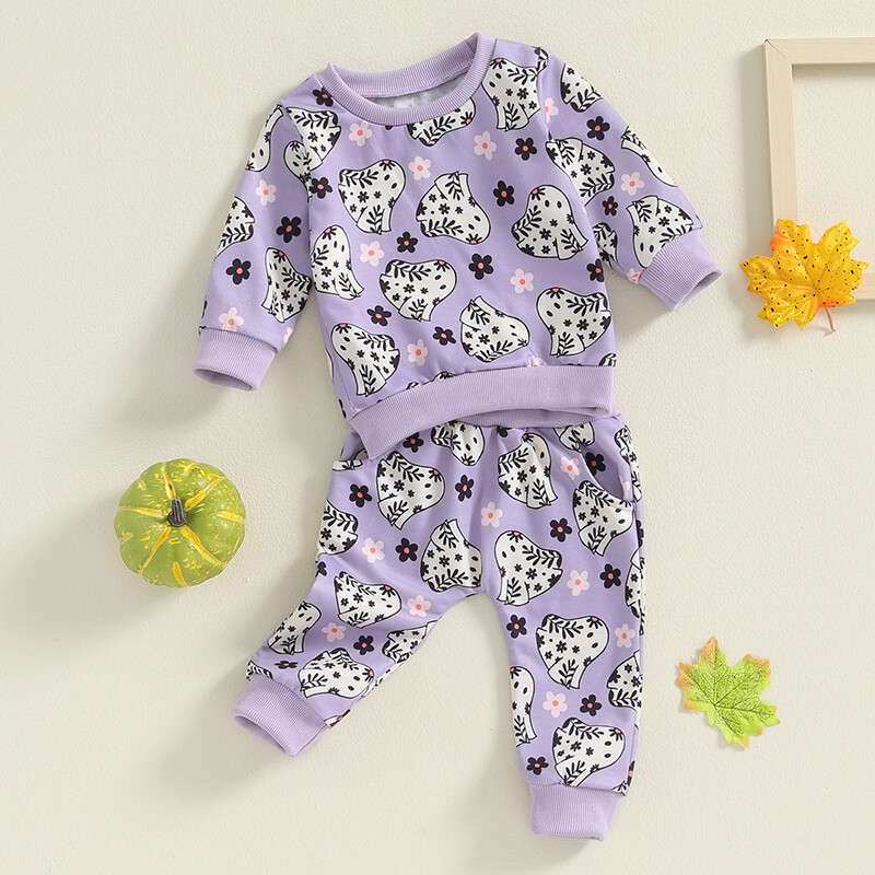 Pudcoco kūdikių naujagimių mergaičių Helovino apranga ilgomis rankovėmis moliūgų / kaukolės rašto viršūnės + kelnaičių rinkinys, rūbai vaikams 0-3T